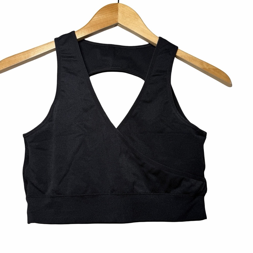NVGTN Womens Sports Bra XL Black Wrap V Neck Open Back Seamless Gym Activewear